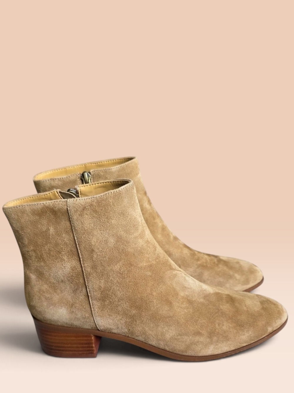⁠J.Crew Walker Suede Ankle Boots Women Size 9 Tan Camel Side Zip Block Heel AA52